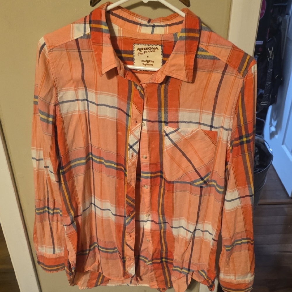 Arizona Jean Company Womens Orange and Blue Stripe Flannel